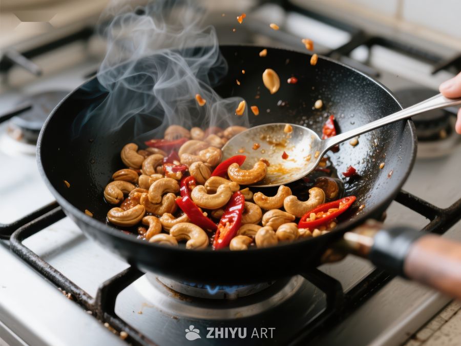 炒锅中翻炒腰果与红椒 77