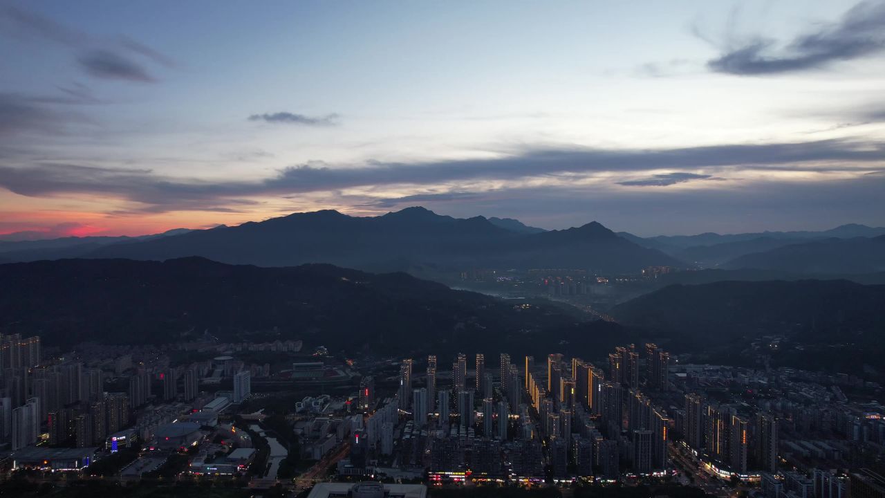 福建龙岩城市落日晚霞夕阳夜幕降临航拍 
