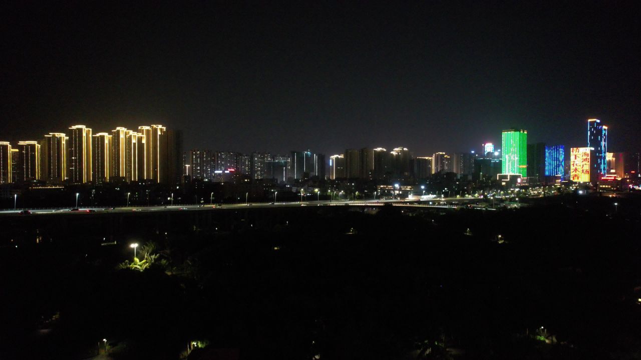 广东湛江城市夜景灯光交通航拍