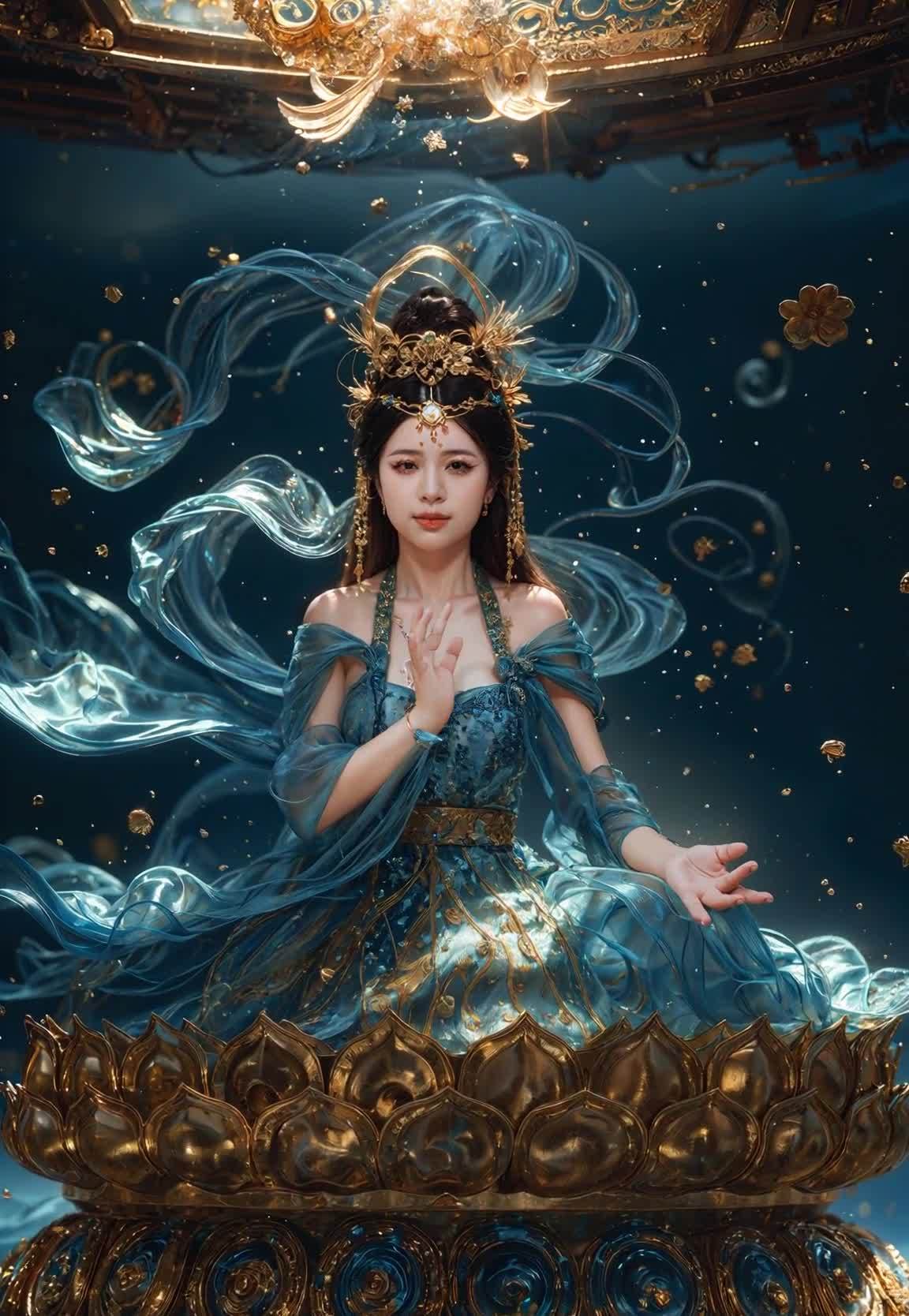 端庄女子坐莲花，仙气飘逸，光影梦幻风格。