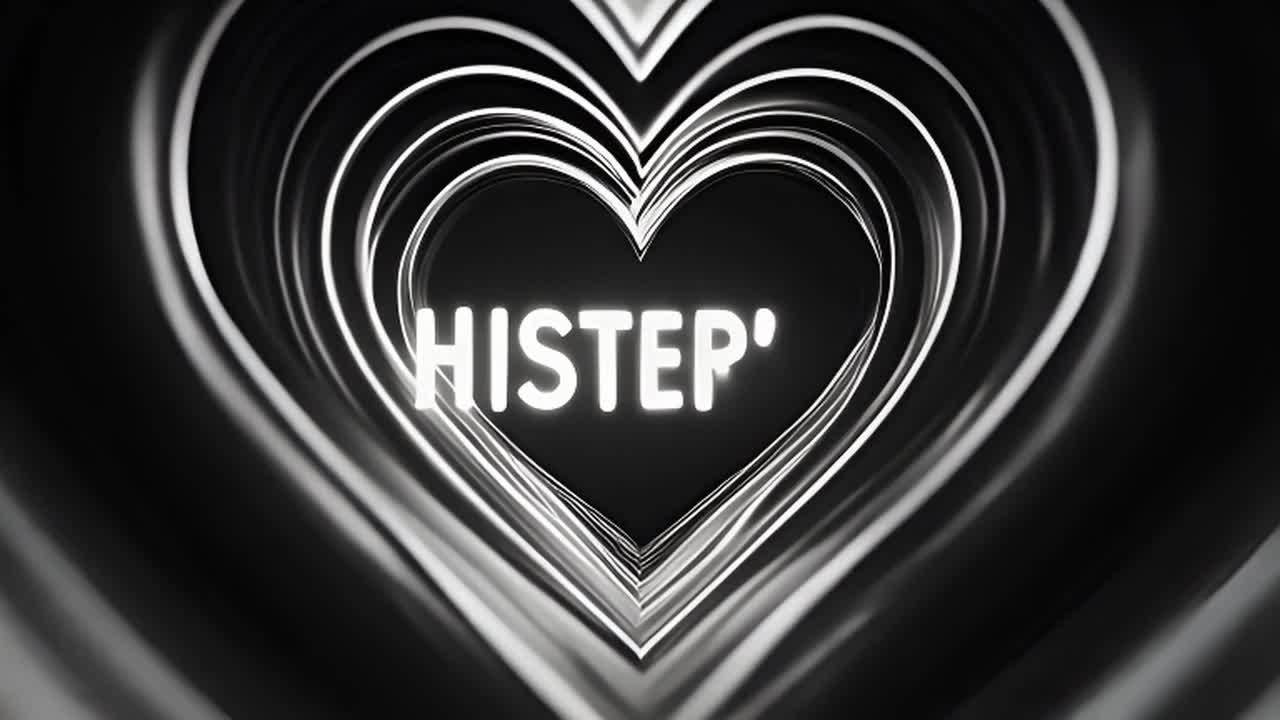 黑白心形隧道，有粗体的霓虹风格文字HISTERIA
