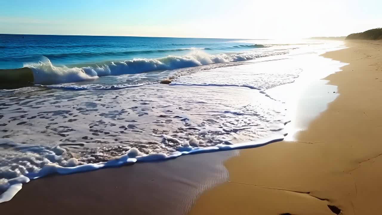 海浪轻柔地有节奏地滚上沙滩，形成了一片舒缓的海浪声