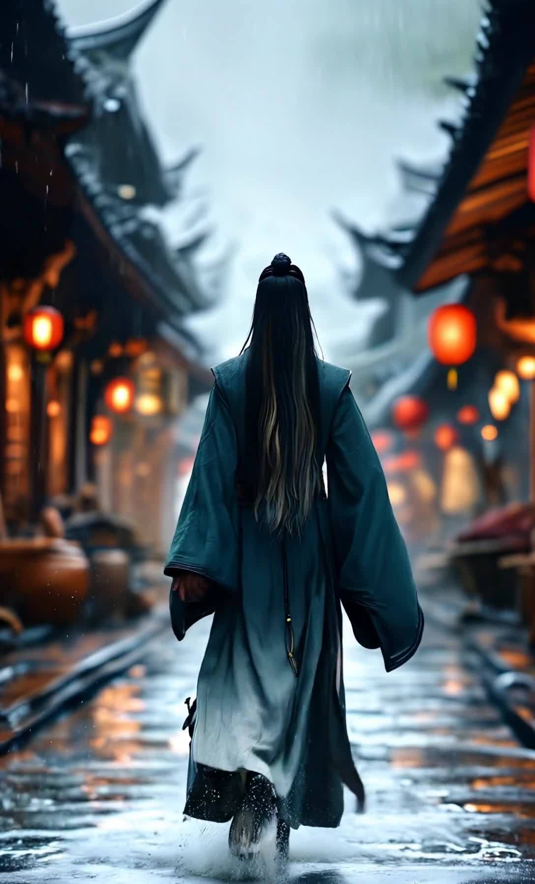 一位身着长袍的古装人物背对镜头向前行走，长发披肩。
