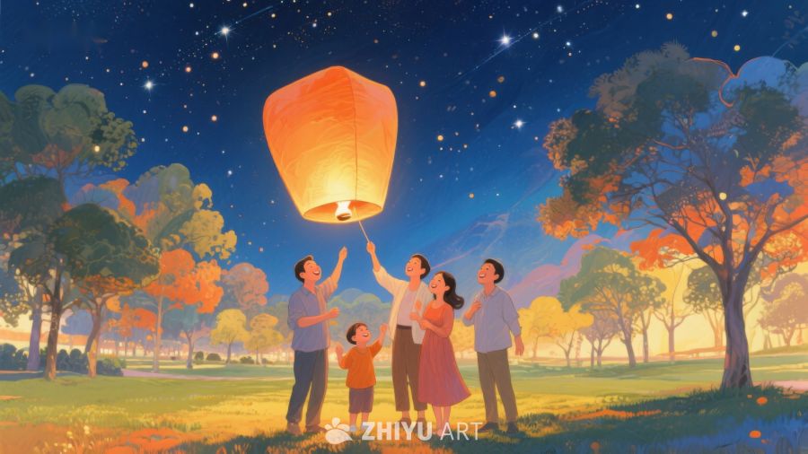 家人夜空放飞孔明灯 438