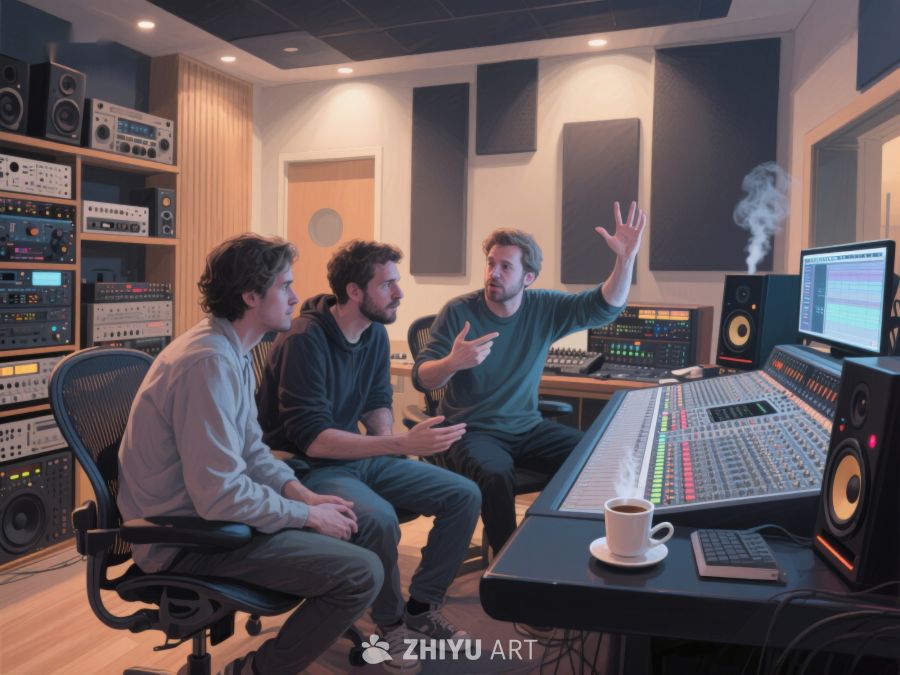 录音室中三人协作音乐制作 255