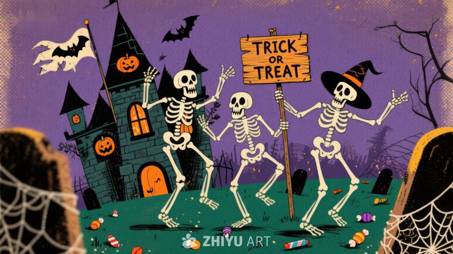 万圣节骷髅舞会，城堡前欢庆场景