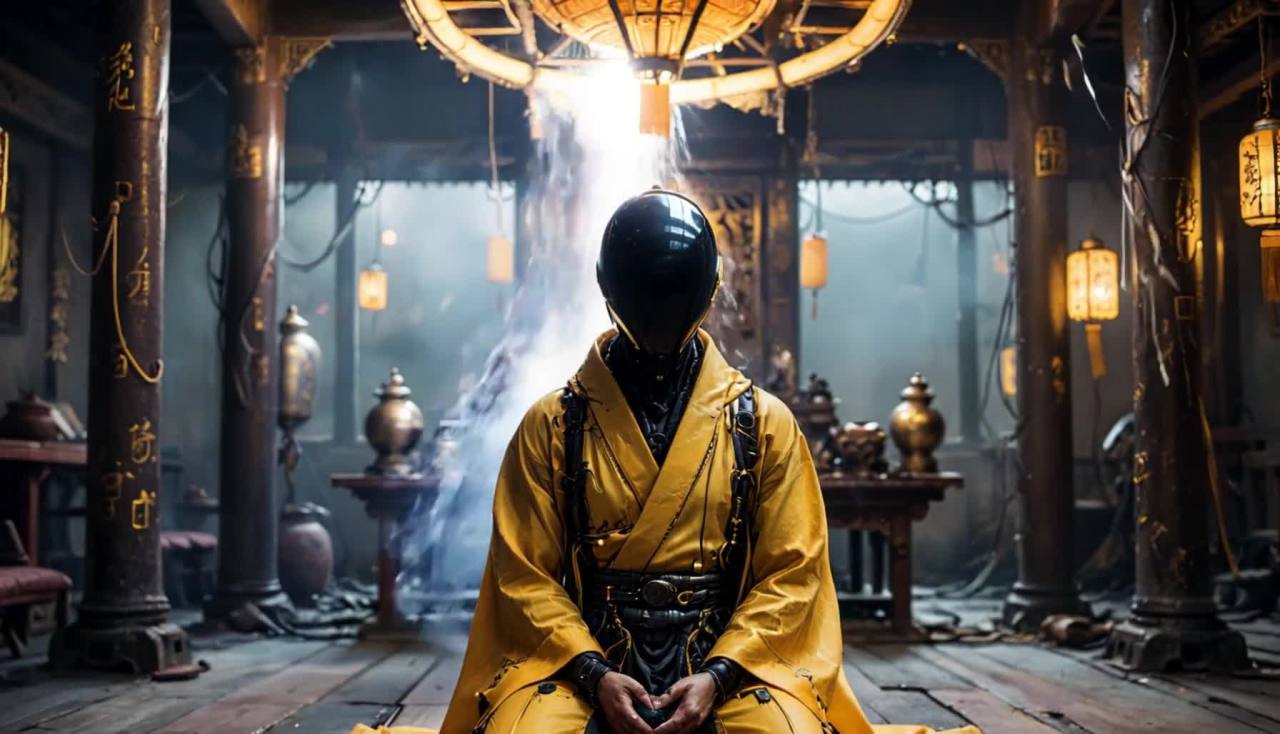 一个头部为黑色，身着黄色僧袍的机器人坐在木质地板上