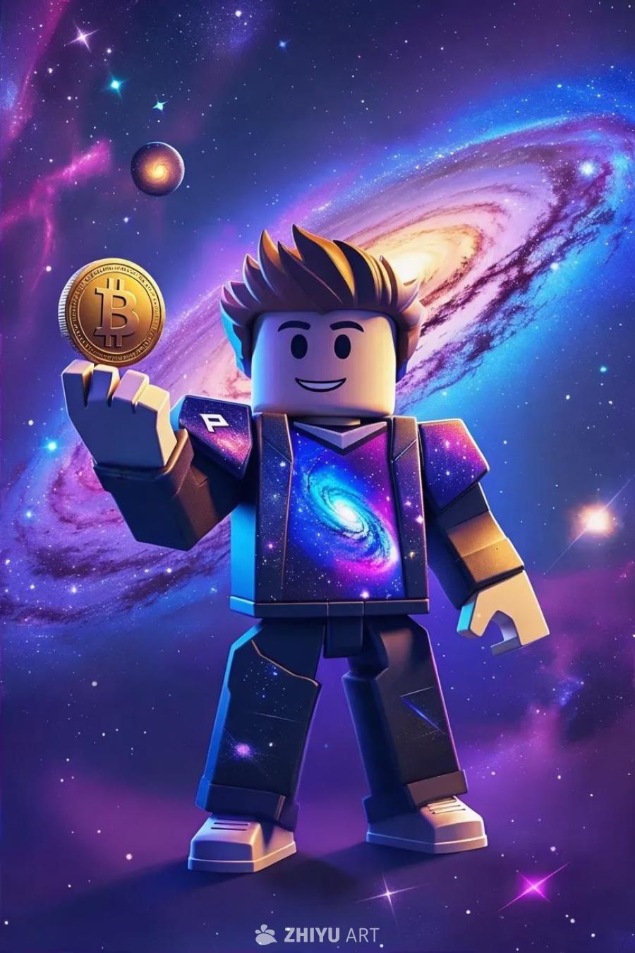 一个乐高风格的人物站在星空中，背景是银河和星星。该