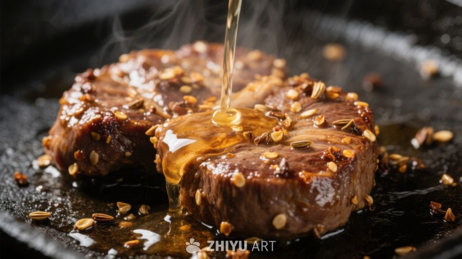 煎锅中的牛肉浇上热油