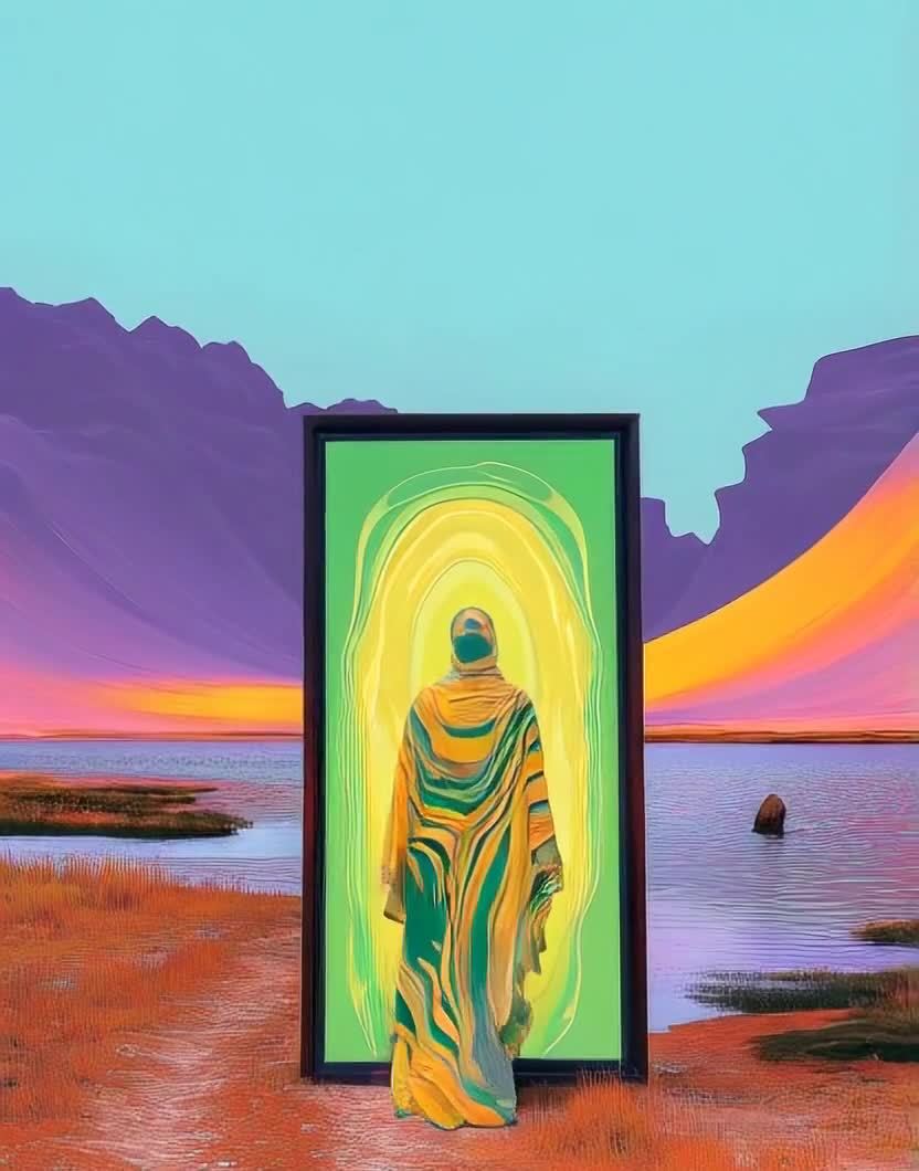 身穿奇装异服之人走向异象门前的奇幻景观