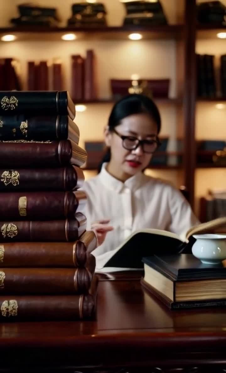 室内阅读与品茗：一位女士与书本和茶