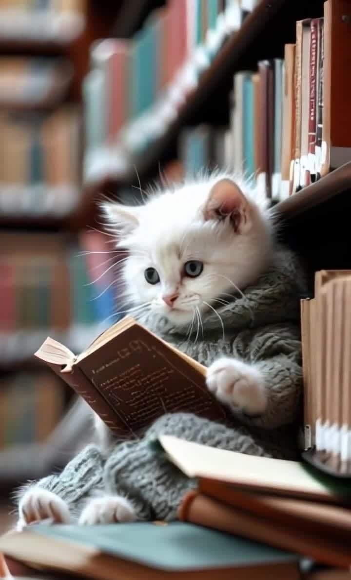 一只白色小猫坐在图书馆的书架旁边，穿着一件灰色的毛