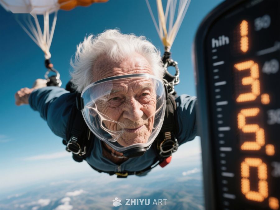 老人高空跳伞，面带微笑 380