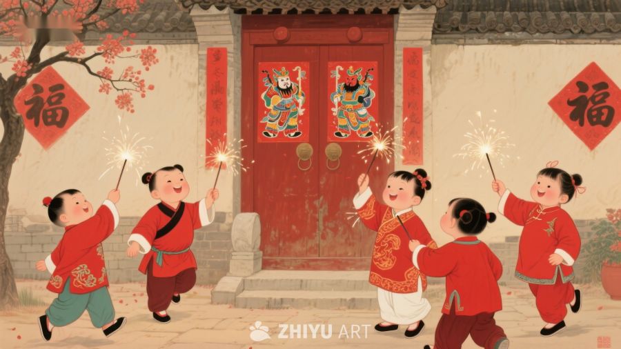 孩童欢庆春节，手持烟花嬉戏 261