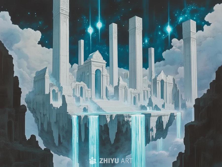 虚空中漂浮着一个广阔、超现实的环境，其中有高耸的白