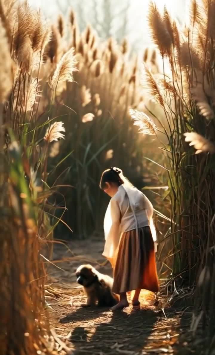 古装女孩携犬穿行芦苇，阳光洒满小路。