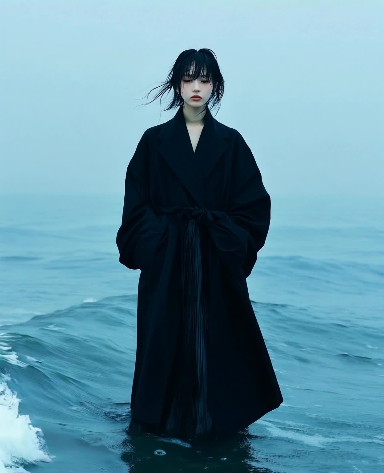 一位年轻女子站在海浪之中，她的头发被风吹拂。她穿着