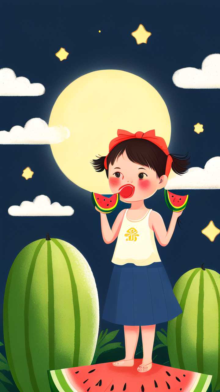 夜晚女孩吃西瓜插画