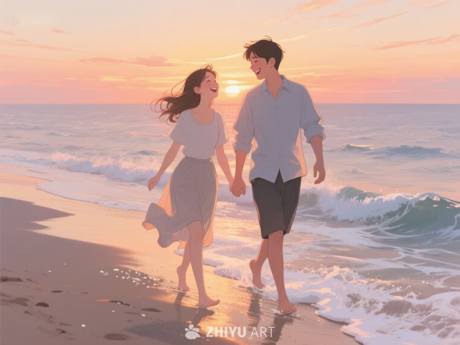海滩漫步的年轻情侣 284