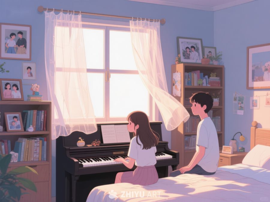 温馨卧室中弹钢琴的两人 833