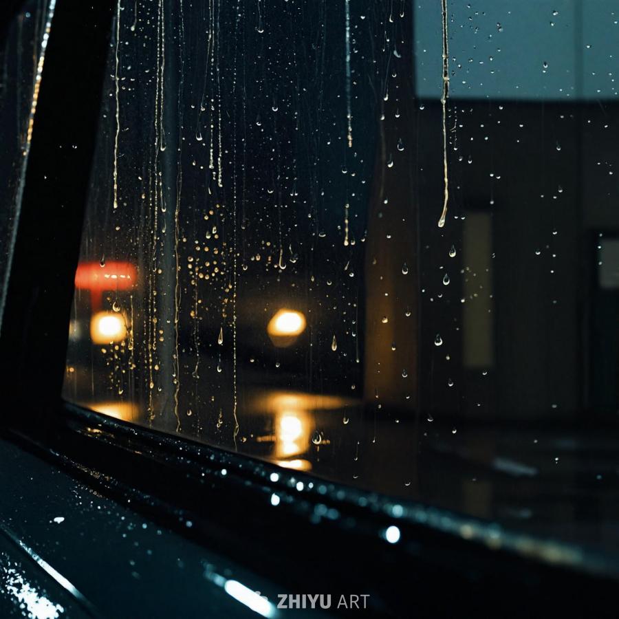 雨夜中，车窗上布满水滴，水滴沿着车窗流下。背景中有
