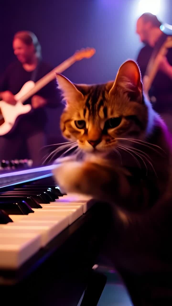 一只棕色虎斑猫在弹奏键盘，猫爪子在琴键上移动。镜头