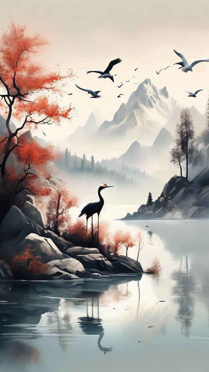 国风山水鹤插画背景 64