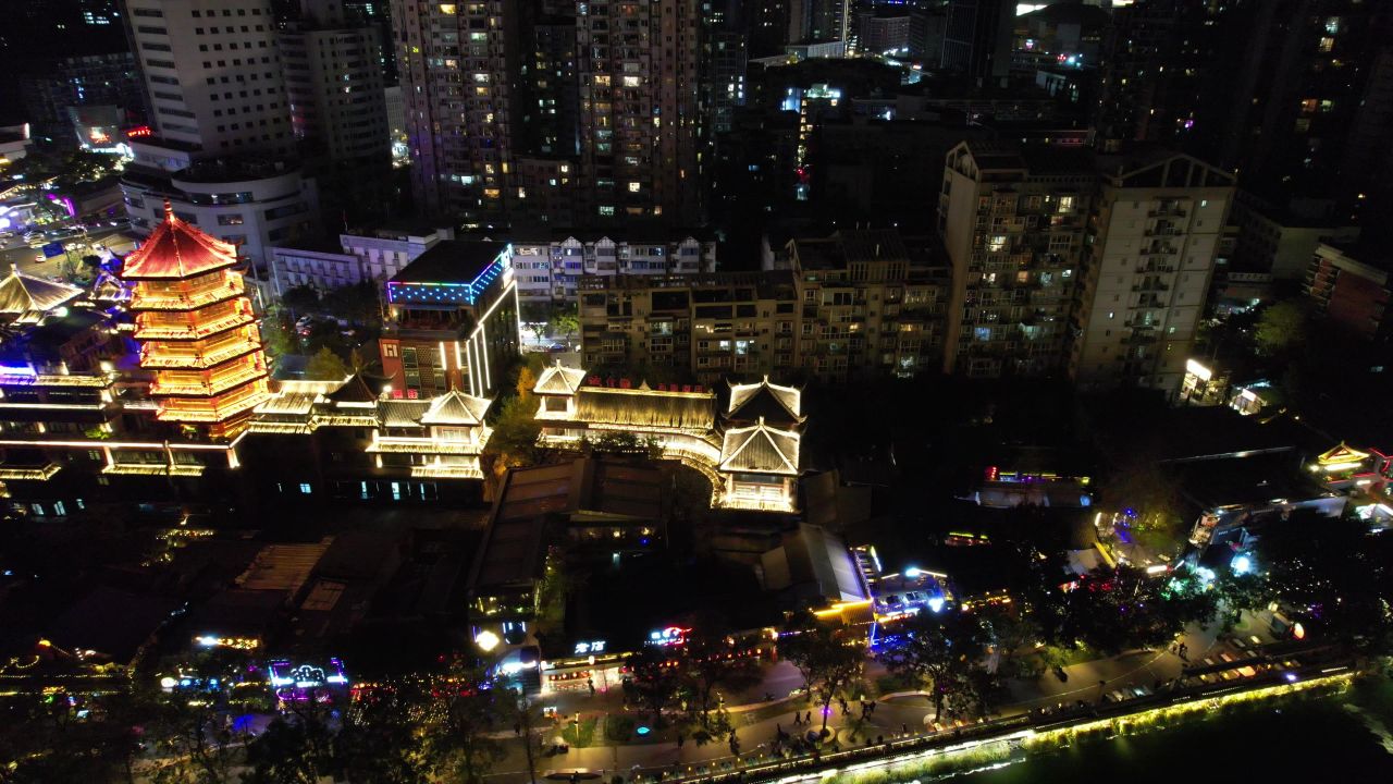 成都安顺廊桥酒吧一条街夜景航拍