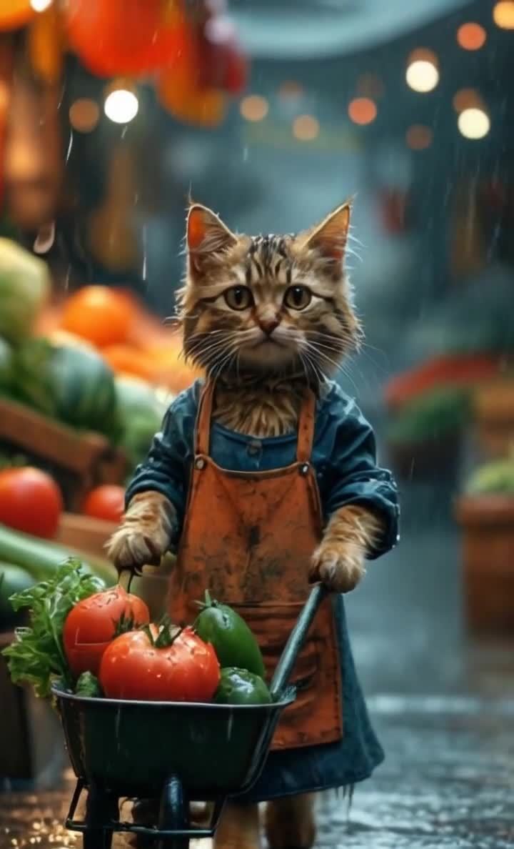 一只猫穿着围裙在雨中推着一辆装满蔬菜的手推车。手推