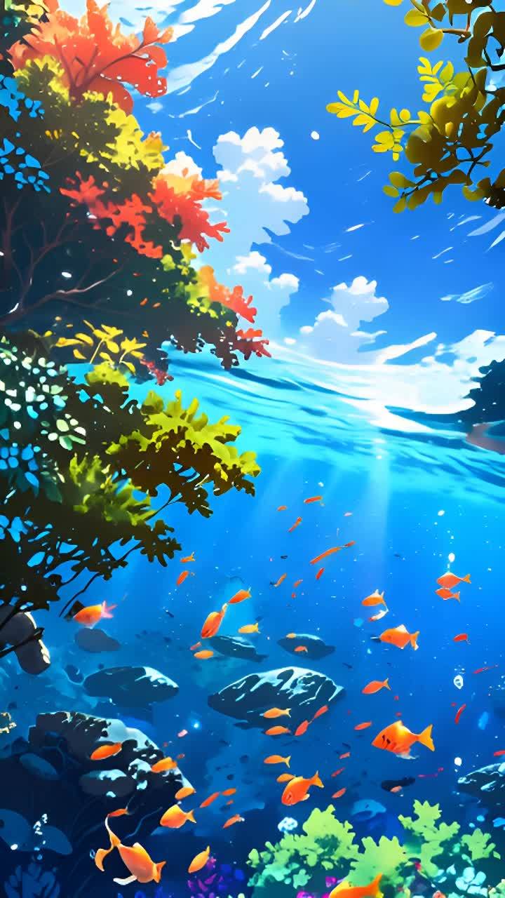 一幅水下场景的图像，画面中有许多橙色的鱼在水中游动