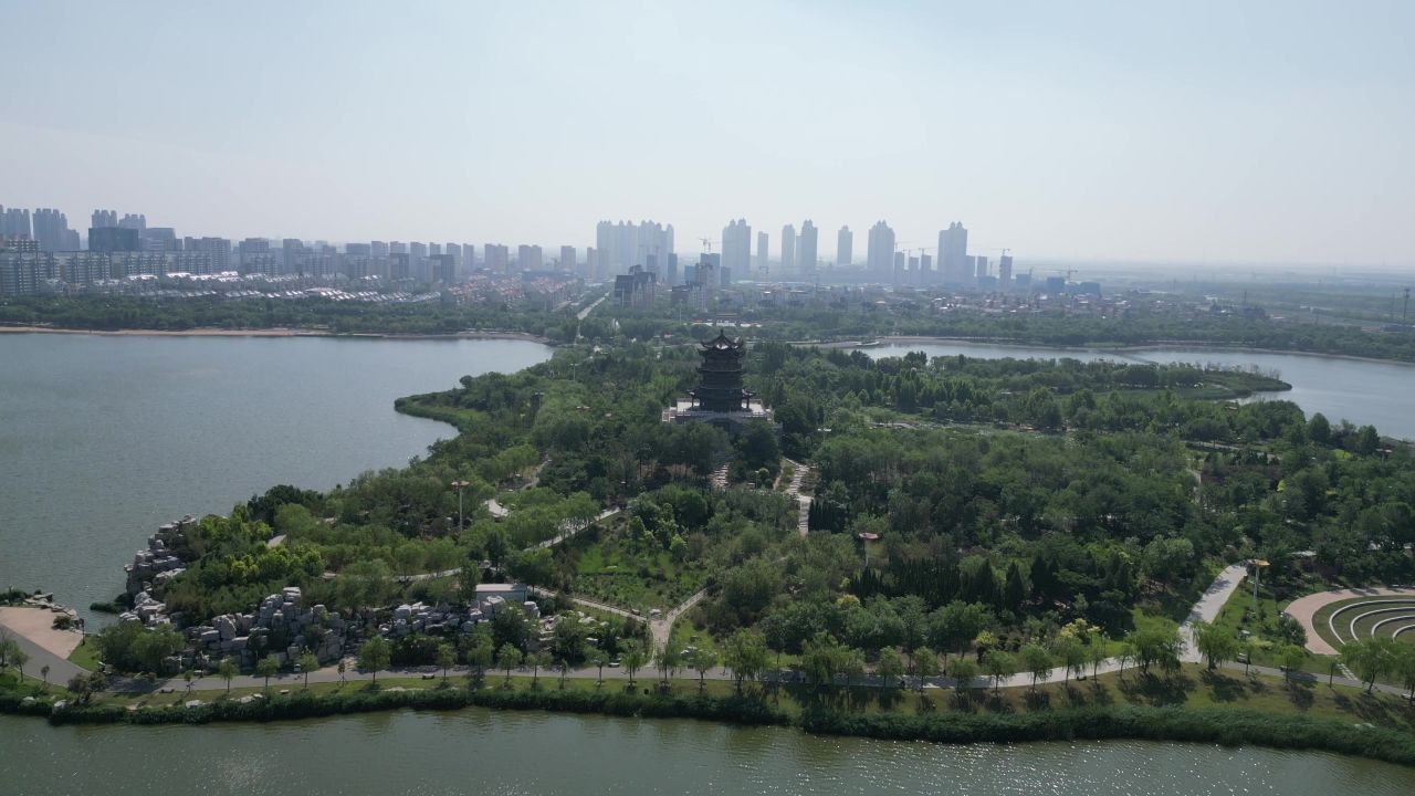 航拍山东东营清风湖公园多宝塔