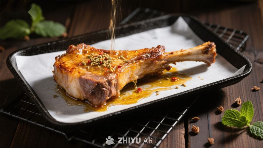 香料撒在烤羊排上