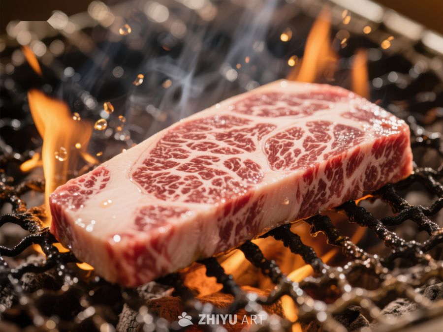 火焰上的大理石纹牛肉