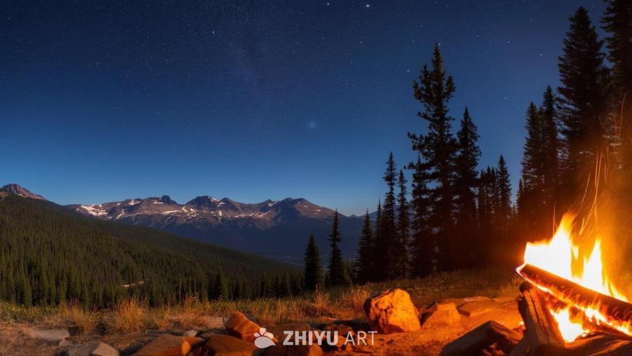 夜晚，营火燃烧着，远处是松树林，背景是山脉，天空中