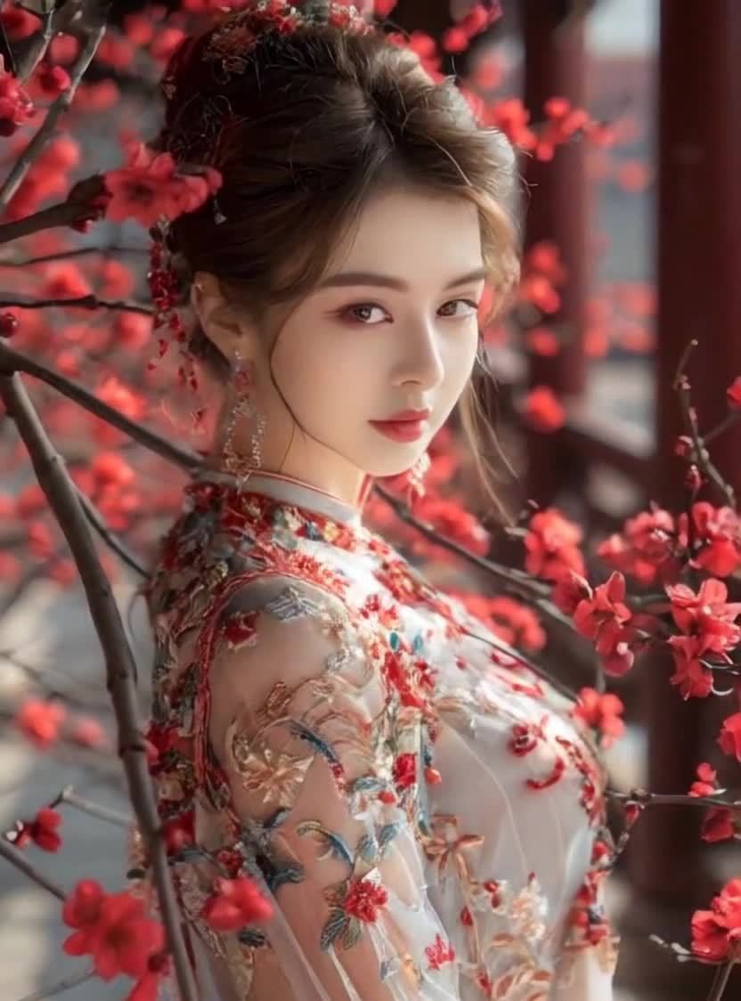 古典美人，红花簇拥，华服妆容，回眸一笑。