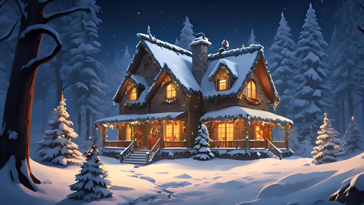 一个两层木屋位于雪地中，屋顶积雪，多个窗户装饰着节