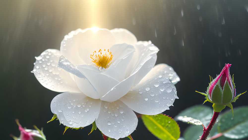 雨后的蔷薇花近景晶莹剔透