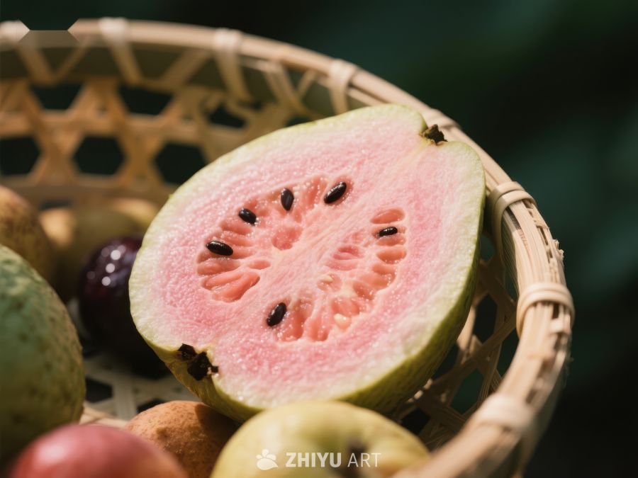 切开的番石榴置于竹篮中 404