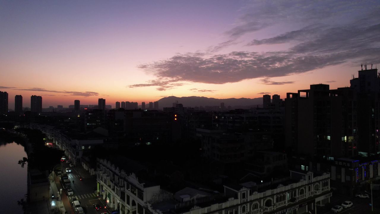 广东江门日落晚霞夜幕降临航拍