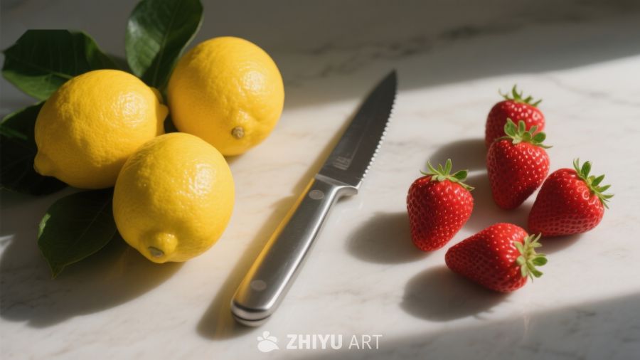 柠檬草莓与刀具的静物组合