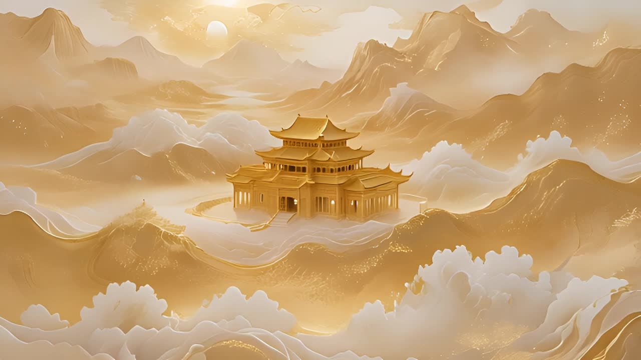 云海之上，一座宫殿矗立，远景逐渐拉近。群山环绕，宫