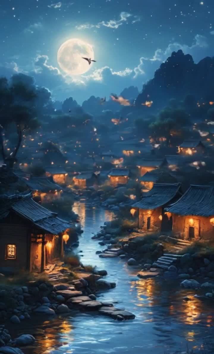 一轮明月悬挂在夜空中，照亮了天空中的云彩。群山环绕