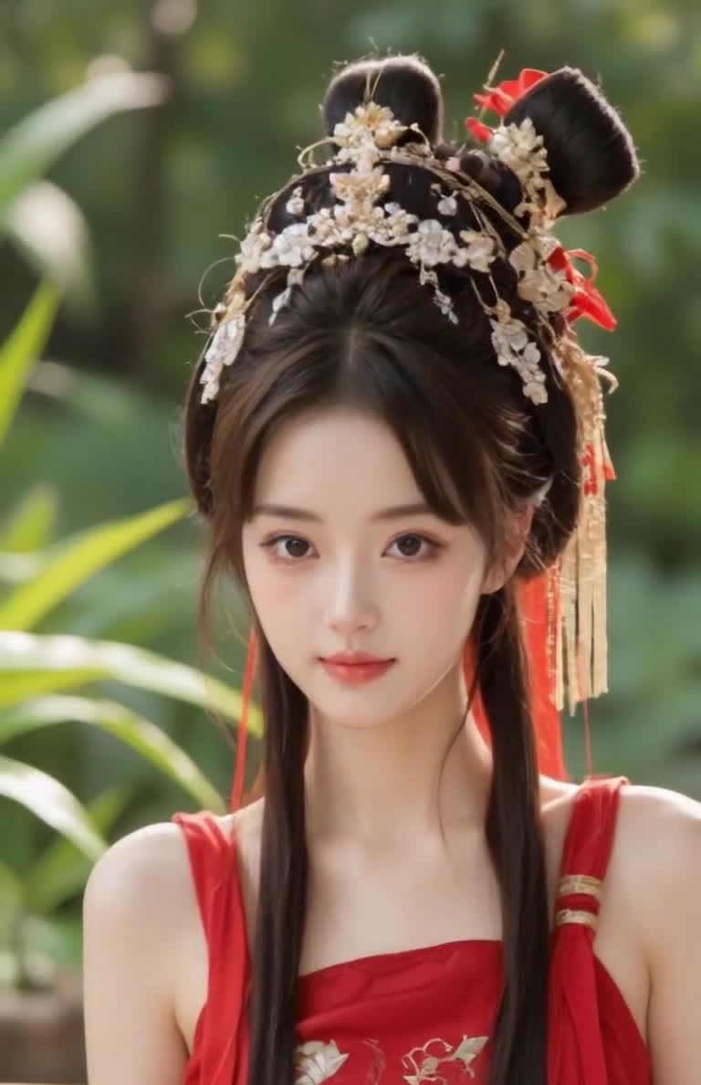 古典妆容女子特写：红衣，花饰，眼神温柔。