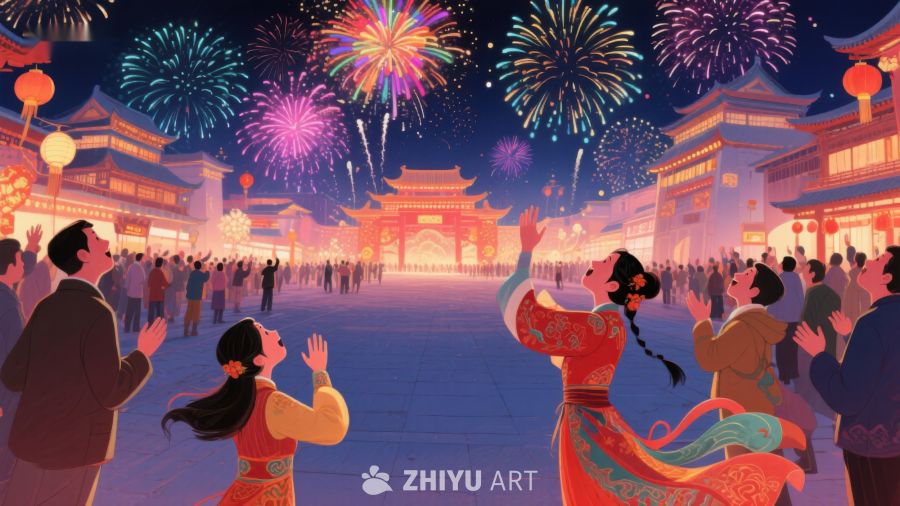 夜市烟花绽放，人群欢庆节日 1240