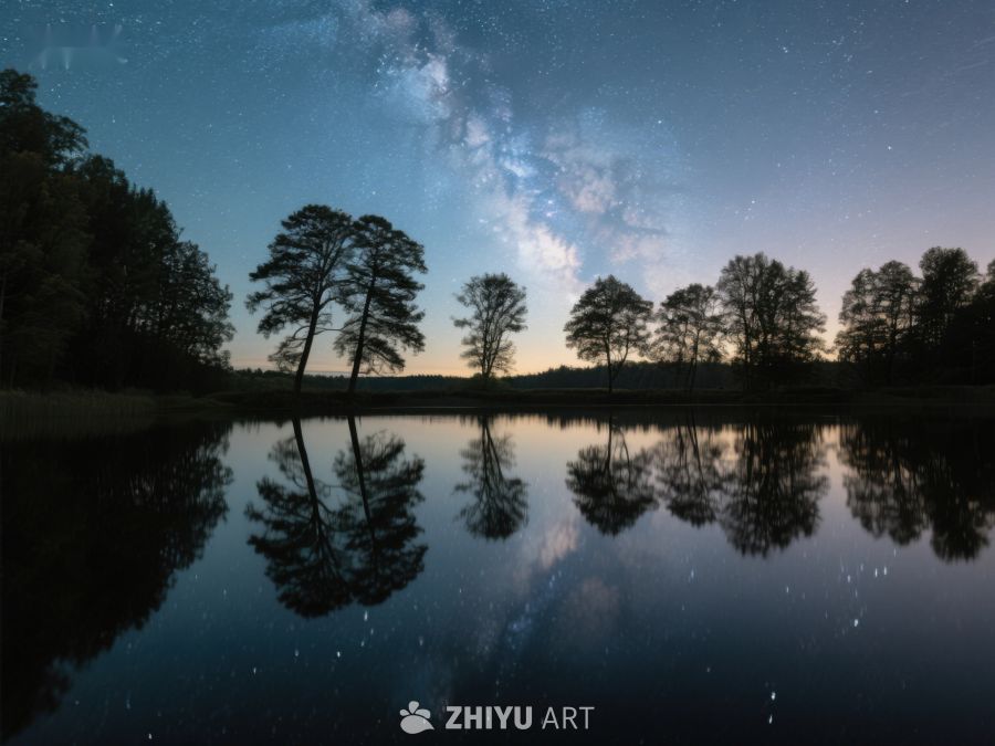 夜空银河映湖面，树木倒影如画 379