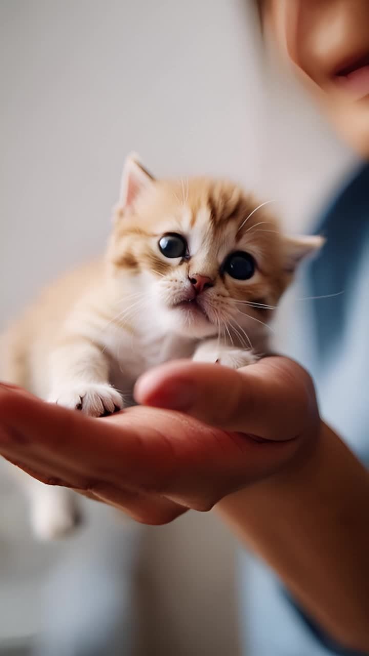 一只浅棕色的小猫被人轻轻地抱在手中。这只小猫毛茸茸