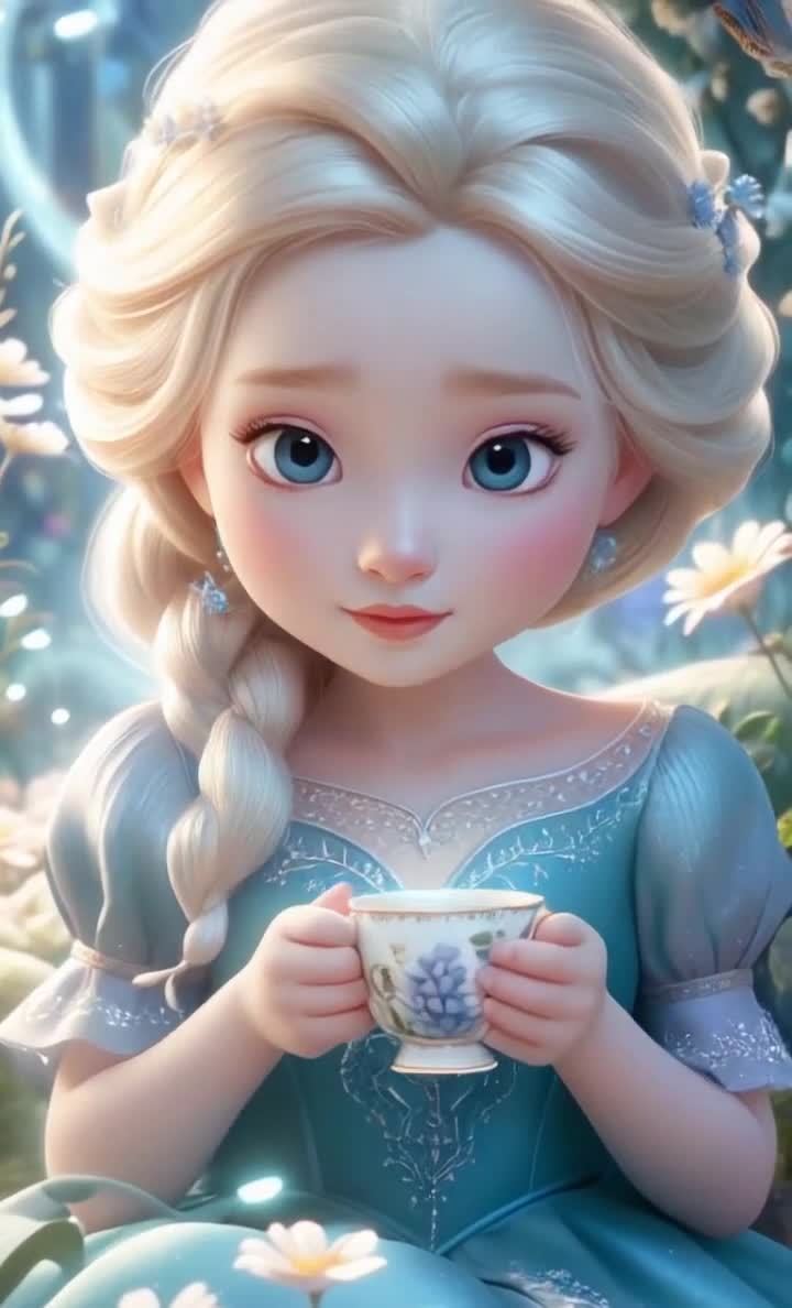 一位金发碧眼的卡通女孩正手持茶杯，面带微笑，其周围
