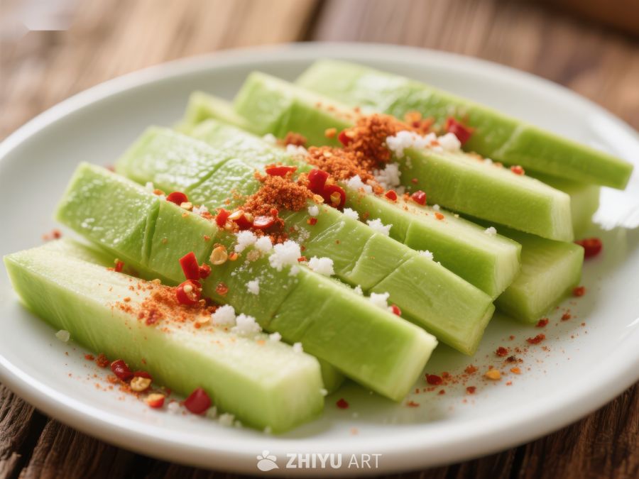 凉拌黄瓜条，撒上辣椒碎和芝麻 233