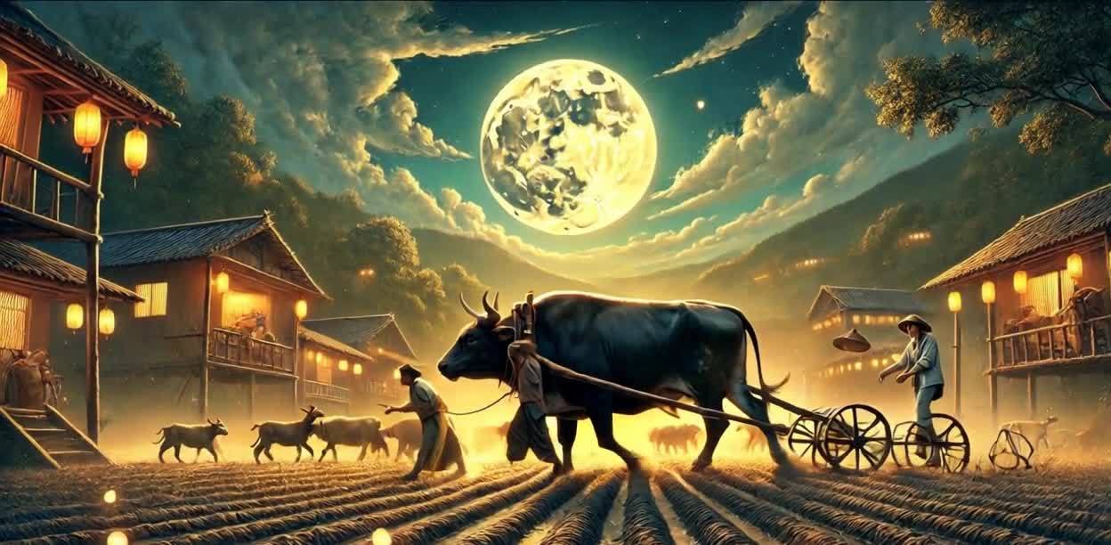 农民牵引着牛在田间耕作，牛的后面拖着犁。画面中心，