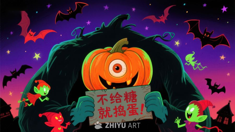 万圣节南瓜怪手持标语，小鬼环绕